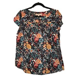 LOFT Black Floral Print Blouse Women's Size Small Tulip Sleeve Top